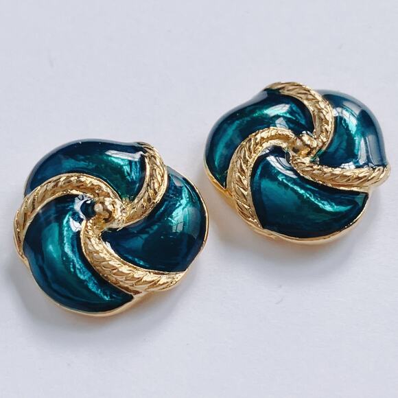 Vintage Signed Earrings Trifari Peacock Blue Enamel Gold Tone Knot Stud Posts - Picture 2 of 10